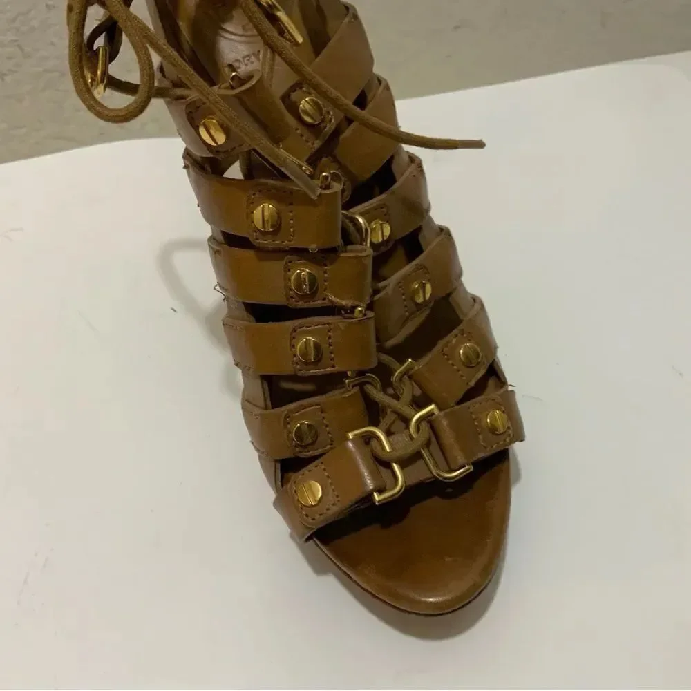 Tory Burch Gladiator Lace Up studded gold platform sandals Tan size 7.5 M
